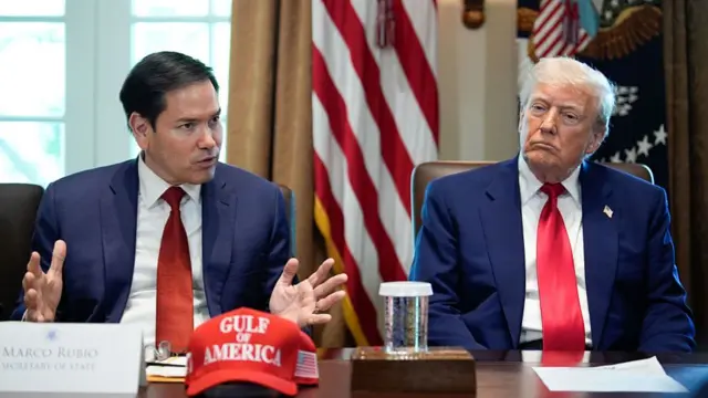 Rubio sits next to Trump at a table, gestures with both hands and talks as the president listens on