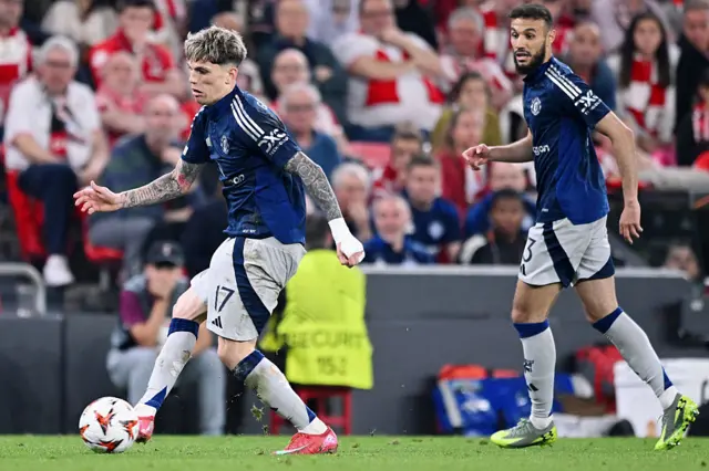 Alejandro Garnacho of Manchester United, Noussair Mazraoui of Manchester United during the UEFA Europa League match between Athletic de Bilbao v Manchester United at the San Mames Stadium on May 1, 2025 in Bilbao Spain (