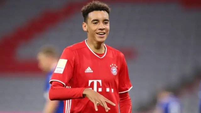 Jamal Musiala celebrates scoring for Bayern Munich against Schalke in September 2020