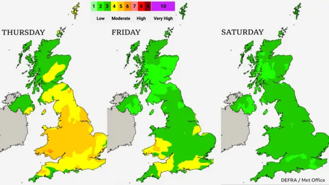Pollution map. There are 3 maps of the UK showing moderate pollution in England and Wales Thursday, moderate pollution in south and southwest England and low in entire country on Saturday.