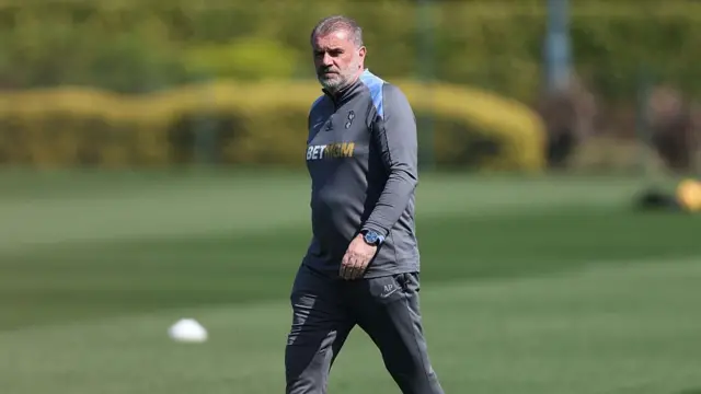 Ange Postecoglou Manager of Tottenham Hotspur during a training session and press conference ahead of their UEFA Europe League 2024/25 semi final first leg match at Tottenham Hotspur Training Ground on April 30, 2025