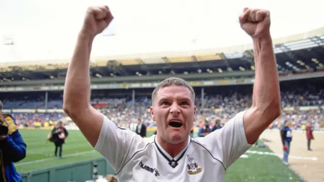Tottenham midfielder Paul Gascoigne celebrates after scoring in FA Cup semi-final against Arsenal