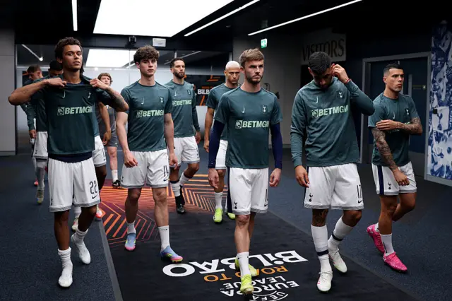Players of Tottenham Hotspur prepare to leave the tunnel for the warm up prior to the UEFA Europa League 2024/25 Quarter Final First Leg match between Tottenham Hotspur and FK Bodo/Glimt at Tottenham Hotspur Stadium on May 01, 2025 in London, England
