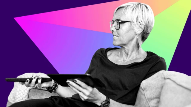 Composite graphic of a woman (in black and white) sitting on a couch holding a tablet and remote control with a deep purple background and a triangle in varying shades of purple, pink and green