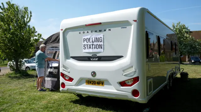 A man attaches a sign to the awning on his caravan. The white caravan has a sign reading "Polling Station" on it