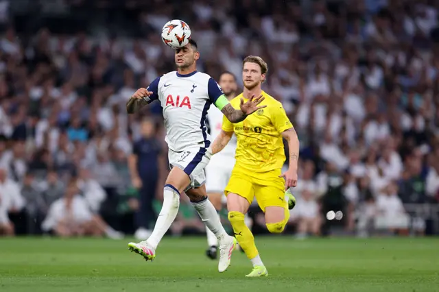 Cristian Romero of Tottenham Hotspur during the UEFA Europa League 2024/25 Quarter Final Second Leg match between Tottenham Hotspur and FK Bodo/Glimt at Tottenham Hotspur Stadium on May 1, 2025 in London, England.