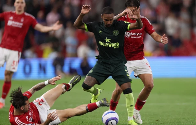 Brentford's Rico Henry in action with Nottingham Forest's Jota Silva