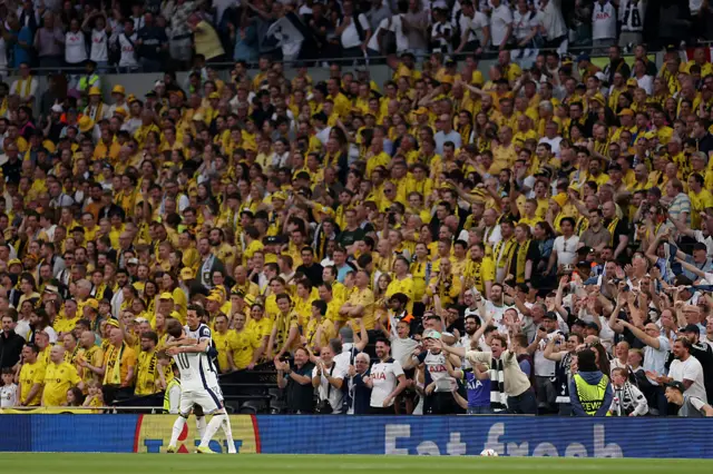 Brennan Johnson of Tottenham Hotspur celebrates scoring his team's first goal with teammate James Maddison during the UEFA Europa League 2024/25 Semi Final First Leg match between Tottenham Hotspur and FK Bodo/Glimt at Tottenham Hotspur Stadium