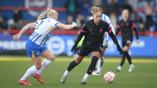 Lauren James of Chelsea in action during the Barclays Women's Super League match between Brighton & Hove Albion and Chelsea FC at Broadfield Stadium on March 02, 2025 in Crawley