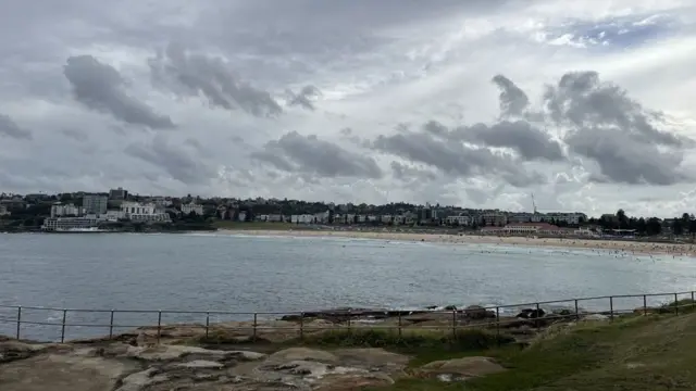 Bondi Beach with grey skies and clouds above