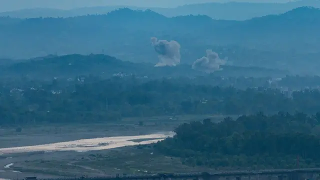 Smoke billows after an explosion in Jammu in Indian-administered Kashmir