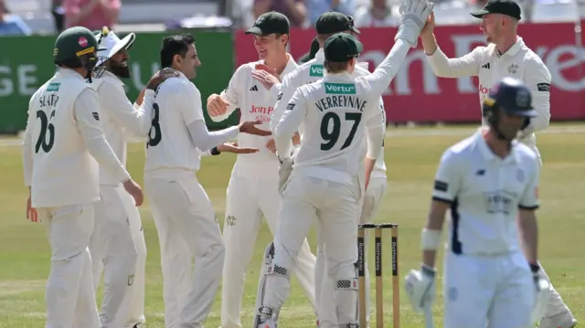 Mo Abbas takes his first wicket for Nottinghamshire