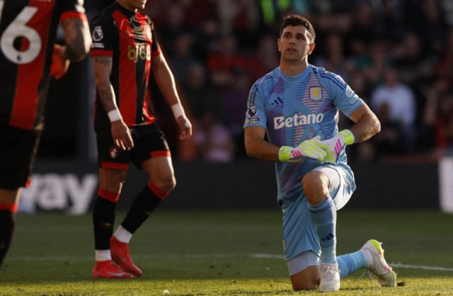 Aston Villa's Emiliano Martinez reacts