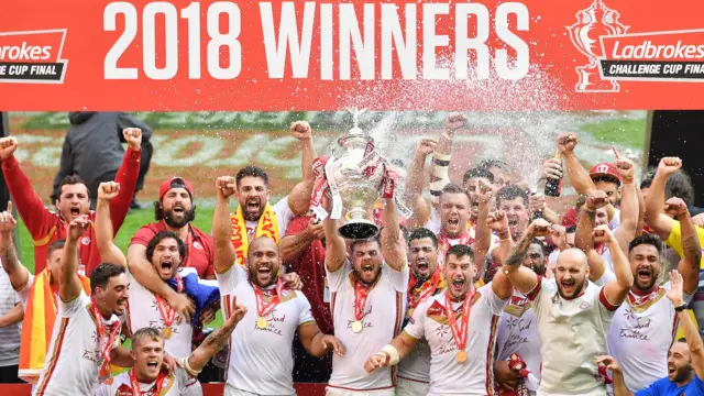 Catalans celebrate winning the 2018 Challenge Cup