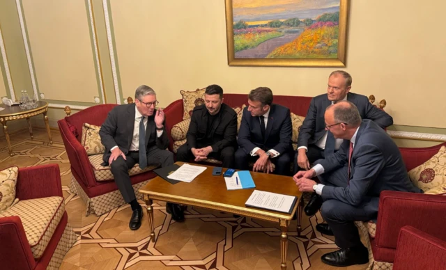UK Prime Minister Sir Keir Starmer, Ukraine's President Volodymyr Zelensky, French President Emmanuel Macron, Polish Prime Minister Donald Tusk and German Chancellor Friedrich Mer