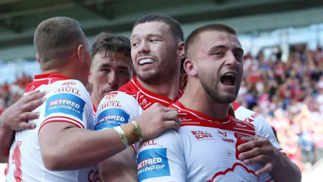 Mikey Lewis celebrates for Hull KR against Catalans
