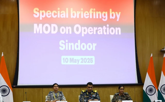 Commodore R Raghu Nair, Colonel Sophia Qureshi, Wing Commander Vyomika Singh and Additional Secretary Randhir Jaiswal attend a press briefing at Ministry of External Affairs (MEA) in New Delhi