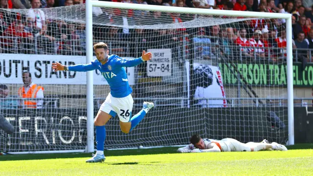 Oliver Norwood of Stockport County celebrates