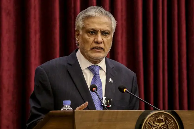 Pakistan's Foreign Minister Ishaq Dar speaks during a bilateral meeting