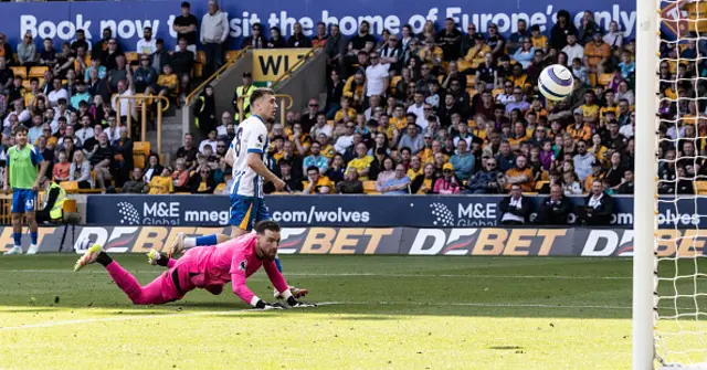 Brighton & Hove Albion's Brajan Gruda scoring his side's second goal past Wolverhampton Wanderers' goalkeeper Jose Sa