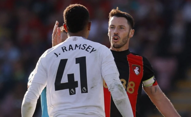 Aston Villa's Jacob Ramsey clashes with AFC Bournemouth's Adam Smith