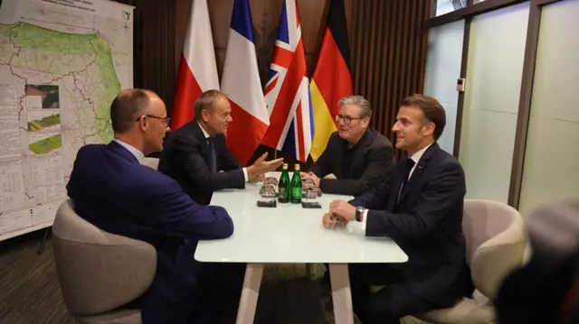 Poland's Prime Minister Donald Tusk meeting with UK Prime Minister Keir Starmer, German Chancellor Friedrich Merz and French President Emmanuel Macron