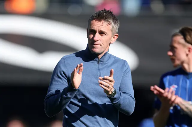 Kieran McKenna, Manager of Ipswich Town, applauds the fans