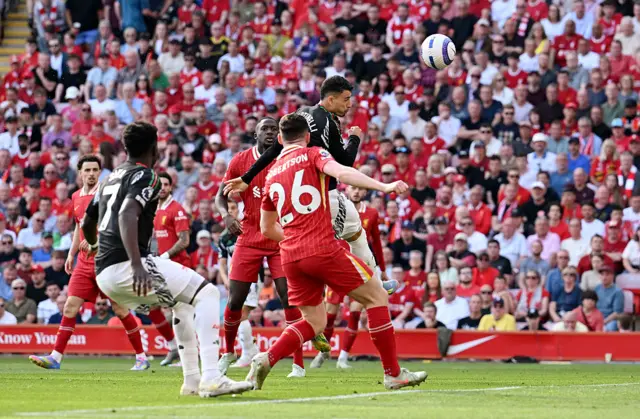 Gabriel Martinelli of Arsenal scores his team's first goal during the Premier League match between Liverpool FC and Arsenal FC at Anfield on May 11, 2025 in Liverpool, England.
