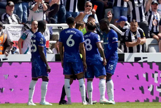 Chelsea's Nicolas Jackson is shown a red card