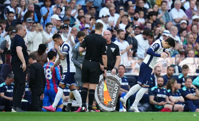 Tottenham Hotspur's Pedro Porro is replaced by Tottenham Hotspur's Son Heung-Min
