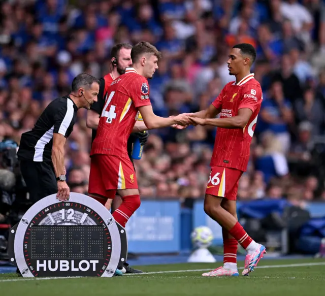 Conor Bradley comes on for Trent at Ipswich