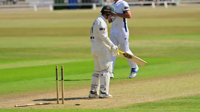 Liam Patterson-White is bowled by Sonny Baker