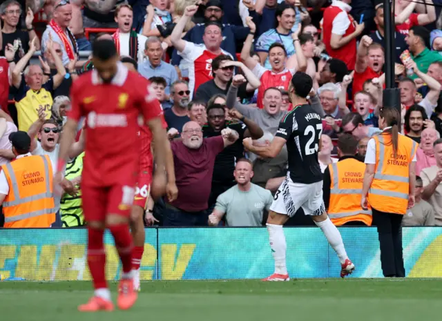 Arsenal's Mikel Merino celebrates scoring their second goal