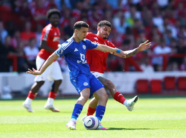 Nottingham Forest's Morgan Gibbs-White in action with Leicester City's Bilal El Khannouss