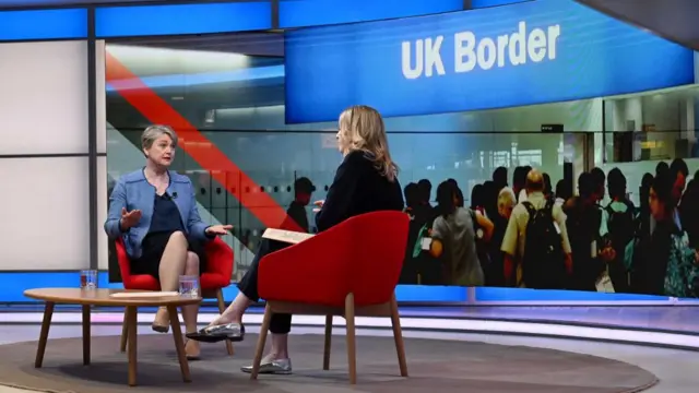 Britain's Home Secretary Yvette Cooper appears on BBC's Sunday with Laura Kuenssberg in London.