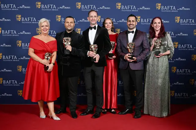 Sharon Batten, Chris ClenshawKieran Grimes, Lauren Klee, Kyri Zindilis and Joanna Thompson pose with the Soap Award for Eastenders