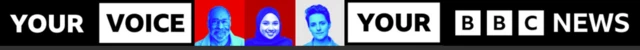 A banner which says your voice your news in black and white with square images of three people in the middle