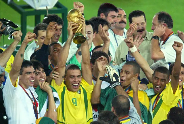 Brazil celebrate winning the World Cup in 2002