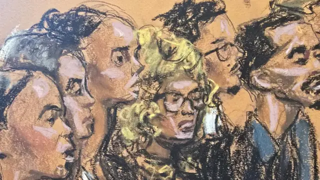 Court sketch of family members of Sean "Diddy" Combs attending the first day of his sex trafficking trial