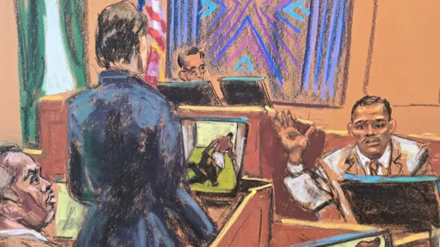 In court sketch, prosecutor Christy Slavik questions Israel Florez, a former security guard, as Sean "Diddy" Combs and U.S. District Judge Arun Subramanian listen.