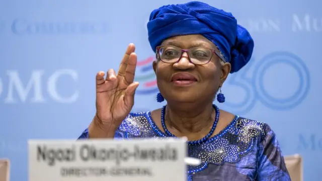 Director-General of the World Trade Organization (WTO) Ngozi Okonjo-Iweala attends a press conference on WTO's 'Global Trade Outlook and Statistics - April 2025' at the WTO headquarters in Geneva, Switzerland, 16 April 2025.