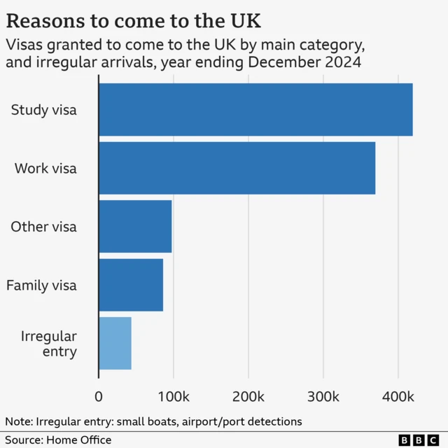 A bar chart showing the types of visas people come to the UK on. in order from most to least, is study, work, other, family, and then irregular entry
