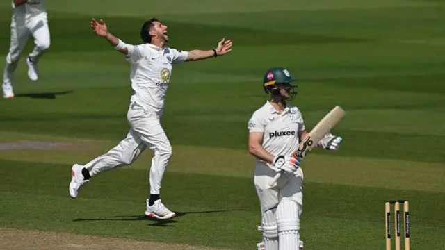 Fynn Hudson-Prentice takes the key wicket of Jake Libby