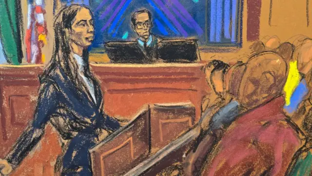 In court sketch, defence lawyer Teny Geragos makes opening statements to the jury before Judge Arun Subramanian