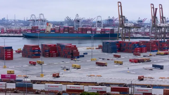A drone view shows shipping containers from China at the Port of Los Angeles