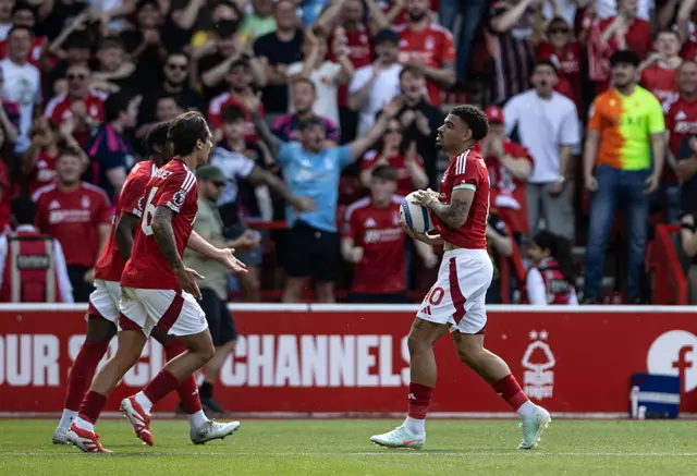 Morgan Gibbs-White celebrates scoring his side's first goal during the Premier League match between Nottingham Forest FC and Leicester City