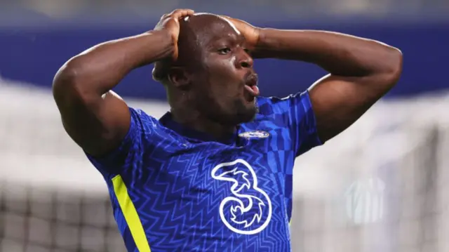 Romelu Lukaku of Chelsea reacts after missing a chance