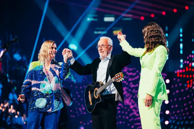 Jørgen Olsen with Eurovision hosts Hazel Brugger and Sandra Studer