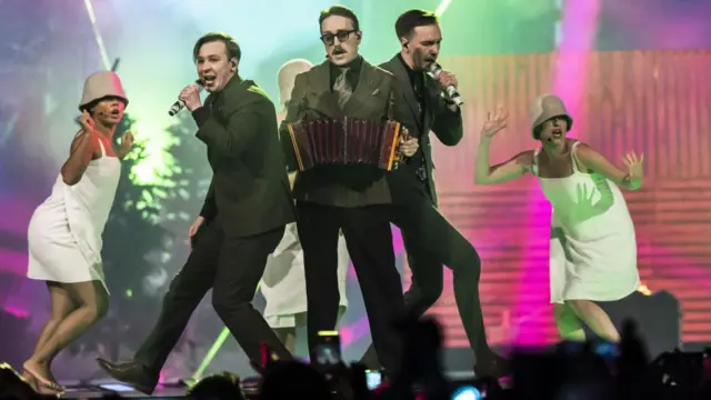 Sweden's KAJ perform the song 'Bara bada bastu' during the dress rehearsal and preview show of the first semi-final of the 69th Eurovision Song