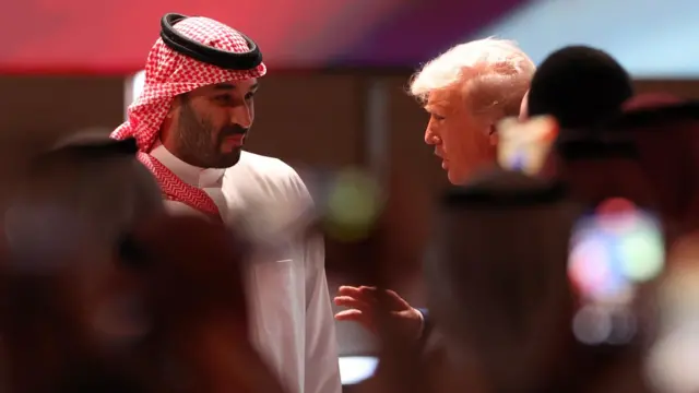 Saudi Crown Prince Mohammed bin Salman and President Donald Trump speaking in private